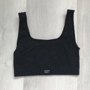 SET ACTIVE WOMENS BLACK RIBBED SPORTS BRA CROPPED TANK SMALL